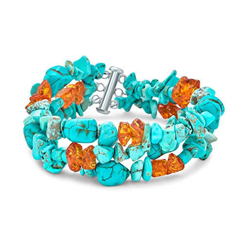 Bling Jewelry Statement Wide Stabilized Blue Turquoise Golden Orange Amber Resin Chips Multi Strand Armband Western Schmuck Für Frauen Teens .925 Sterling Silber Tube Clasp von Bling Jewelry