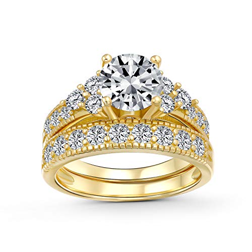Bling Jewelry 3CT Runde Solitaire Seite Steine AAA CZ Pave Hochzeit Band Verlobungsring Set 14K Gold Vergoldet .925 Sterlingsilber von Bling Jewelry