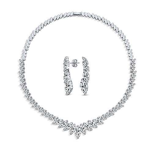 Bling Jewelry Vintage Stil Mode Braut Multi Marquise Blatt Starburst AAA CZ Statement Kragen V Halskette Passender Kronleuchter Ohrhänger Schmuck Set Für Frauen Hochzeit Prom Festzug Versilbert von Bling Jewelry