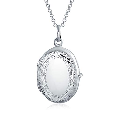 Bling Jewelry Anpassbare .925 Sterling Silber Oval Medaillon Halskette Für Frauen Personalisierter Vintage Antik Stil Mit Graviertem Blattmuster Hält Zwei Erinnerungsfotos von Bling Jewelry