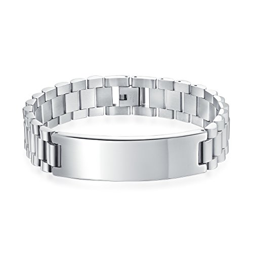 Bling Jewelry Anpassbares Identifikationsetikett Name Plattiert Curb Watchband ID Armband Armband für Männer Personalisierter Name Graviert Silberton Edelstahl 8 Zoll von Bling Jewelry