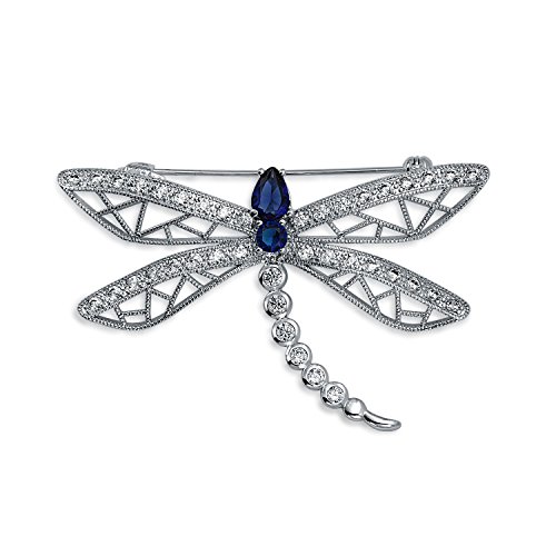 Bling Jewelry Antiker Stil Simulierter Saphirblauer Kubikzirkonia CZ Statement Schmetterling Libelle Glühwürmchen Filigrane Brosche Schalnadel Für Frauen Versilbert von Bling Jewelry