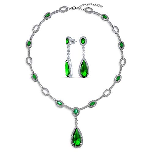 Bling Jewelry Art Deco Stil Mode Bräutigam Solitär Träne Halo AAA CZ Grün Simulierte Smaragd Aussage Y Halskette Passend Baumeln Ohrringe Schmuck-Sets Für Frauen Vergoldet von Bling Jewelry