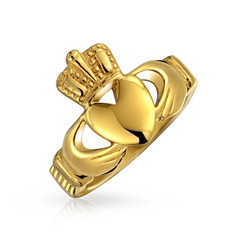 Bling Jewelry Personalisieren Sie Unisex-Herzband Bff Keltisch Irische Freundschaft Paare Versprechen Claddagh Ring Für Männer Frauen Teen Goldton Edelstahl Anpassbar von Bling Jewelry