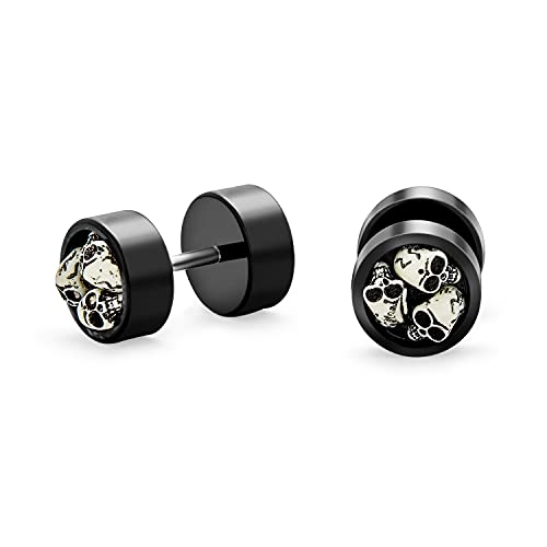 Bling Jewelry Biker Goth DREI Totenköpfe Schwarz Cheater Faux Plugs Ohrring Für Männer Für Teen 14G Edelstahl von Bling Jewelry