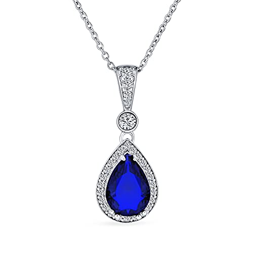 Bling Jewelry Blau Simulierten Saphir Cz Halo Solitär Träne Birne Form Anhänger Halskette Für Frauen .925 Sterling Silber von Bling Jewelry