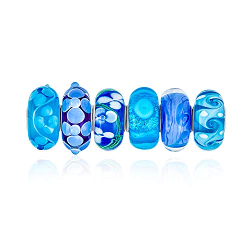 Gemischter Satz Von 6 Bündel .925 Sterlingsilber Kern Durchscheinende Schattierungen Von Blauem Muranoglas Strudel Blume Charm Bead Spacer Passt Europäischen Armband Für Frauen Jugendlich von Bling Jewelry