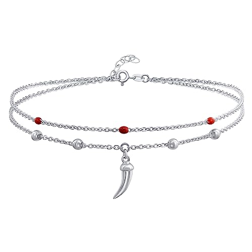 Bling Jewelry Boho Amulett Zahn Cornicello Italienischen Horn Doppelkette Chili Pepper Fußkettchen Knöchel Armband Rote Perle Für Frauen Teen .925 Sterling Silber 9-10 Zoll Einstellbar von Bling Jewelry