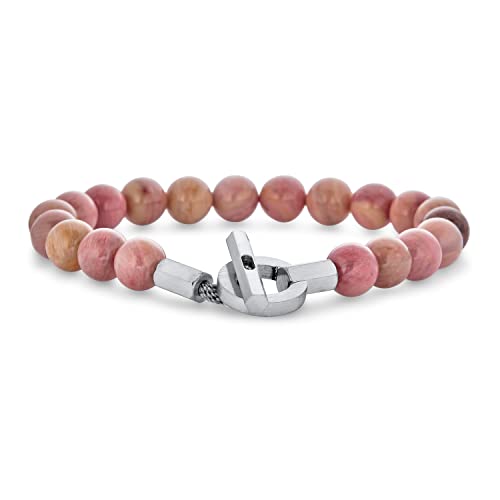 Bling Jewelry Boho Handhergestellt Round Natürlich Rose Rosa Rhodonite 8Mm Bead Large Fashion Toggle Clasp Gemstone Stacking Armband Für Frauen Teen Silver Tone Edelstahl von Bling Jewelry