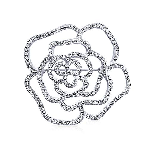 Große Mode Statement Sparkling Party Rose Blume Form Offen Pave Kristall Hochzeit Brosche Schal Pin Für Frauen Silber Tone Rhodium Vergoldet Messing von Bling Jewelry
