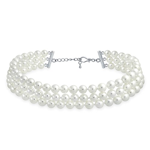 Bling Jewelry Braut Handgeknüpfter 3 Reihiger Breiter Weißer Simulierter Perlenstrang Choker Halskette Für Teenager Und Frauen Versilbert von Bling Jewelry