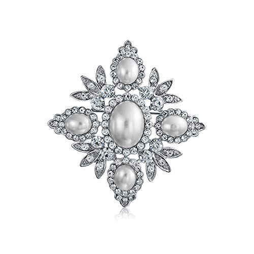 Bräutigam Vintage Stil Große Statement Mode Kristall Blatt Blume Weiß Simulierte Perle Hochzeit Brosche Pin Für Frauen Silber Gold Tone Rhodium Vergoldet Messing von Bling Jewelry