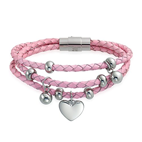 Bling Jewelry Dangling Heart Charmes Rosa Triple Strand Geflochtene Lederarmband Für Frauen Für Freundin Edelstahl von Bling Jewelry