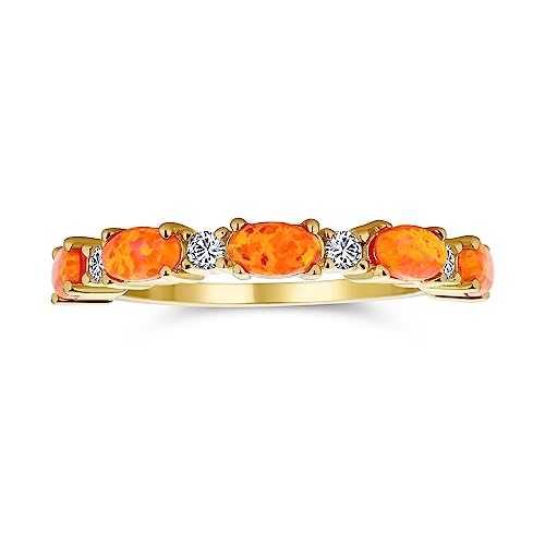 Bling Jewelry Dünne CZ Akzent Stapelbar 1/2 Ewigkeit Oval Mexikanischen Orange Erstellt Opal Bandring Für Frauen Gelb 14K Gold Vergoldet .925 Sterlingsilber 1MM Band Oktober Geburtsstein von Bling Jewelry