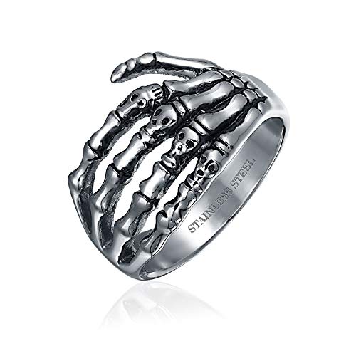 Bling Jewelry Halloween Goth Biker Punk Rocker Wrap Skelton Hand Band Ring Für Männer Teen Oxidierte Silberfarbene Edelstahl von Bling Jewelry