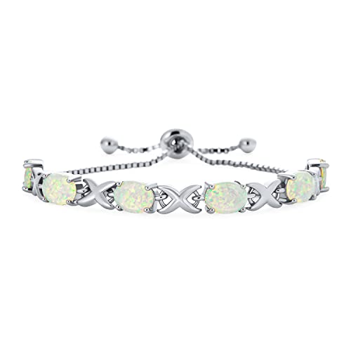 Bling Jewelry Edelstein Irisierendes Oval Figur 8 & Weißer Synthetischer Opal Tennis Infinity Bolo Armband für Damen .925 Sterlingsilber Rhodium Beschichtet Verstellbarer Schieber 7 Zoll von Bling Jewelry