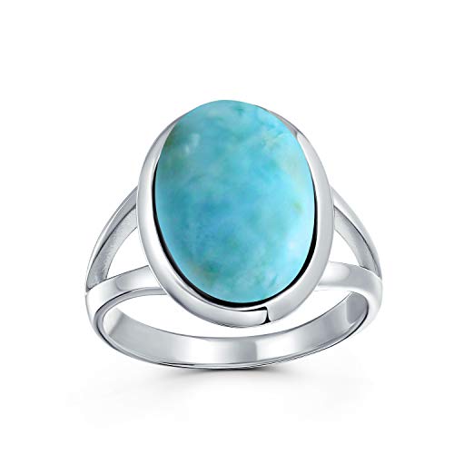 Bling Jewelry Einfacher Großer Ovaler Lünetten-Boho-Mode-Statement-Ring Aus Blauem Larimar Für Frauen Für Jugendlich Geteiltes Band .925 Sterlingsilber von Bling Jewelry