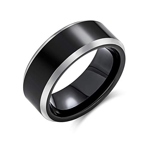 Bling Jewelry Einfacher Schwarzer Titan Ehering Für Männer Für Frauen Silber Zweifarbig Abgeschrägte Kante Komfortpassung 8Mm von Bling Jewelry