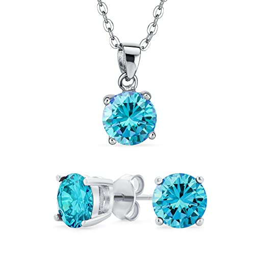 Bling Jewelry Einfaches Zartes 2CT Rundes AAA CZ Solitär Brillant Schliff London Blau Anhänger Ohrstecker Set Für Damen Teenager Simulierter Topas .925 Sterlingsilber von Bling Jewelry
