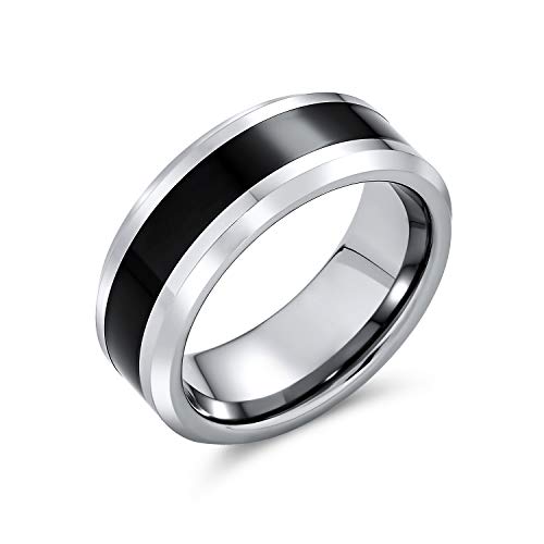 Bling Jewelry Einfaches Zweifarbiges Schwarzes Zentrum Paare Titanium Hochzeit Band Ring Für Männer Für Frauen Silberton Abgeschrägter Rand 8Mm von Bling Jewelry