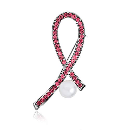 Bling Jewelry Elegante Weiße Simulierte Perle Mit Kristall Pave Rosa Schleife Brustkrebsüberlebende Brosche Pin Silber Plattiertes Akzent Ermächtigender Schmuck Für Frauen von Bling Jewelry