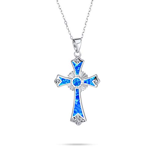 Bling Jewelry Antike Vintage Stil Edelstein Erstellt Blau Opal CZ Christian Ewigen Kreis Kreuz Anhänger Halskette Für Frauen .925 Sterlingsilber Oktober Geburtsstein von Bling Jewelry