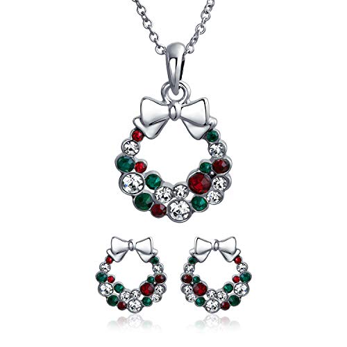 Bling Jewelry Fashion Funkelnder Weihnachtsbogen Rot Grün Weiß Kristall Weihnachtskranz Anhänger Halskette Ohrringe Schmuckset Für Frauen Jugendliche Kristallversilbert von Bling Jewelry