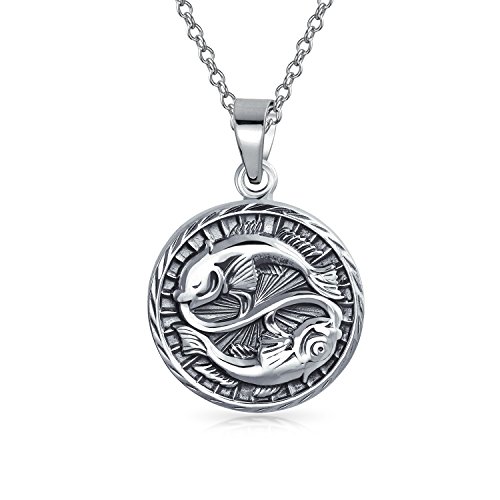 Bling Jewelry Fische Sternzeichen Astrologie Horoskop Runder Medaillon-Anhänger Für Männer Frauen Halskette Antikisiert Sterling Silber von Bling Jewelry