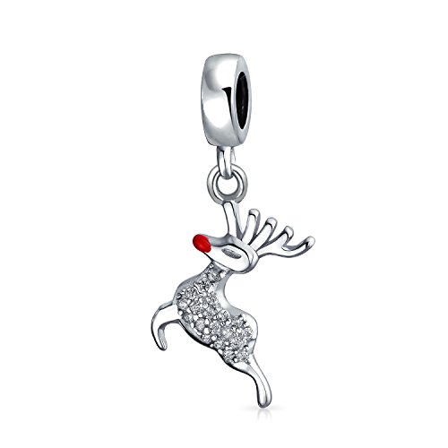 Bling Jewelry Funkelnder Kristall Weihnachtsurlaub Rudolph Rote Nasen Rentier Anhänger Perle Für Teenager Für Frauen .925 Sterling Silber Passt Zu Europäischem Armband von Bling Jewelry