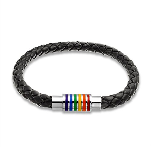 Bling Jewelry Gestreifte Regenbogenflagge Schwarzes Geflochtenes Pu-Leder Lgbtq-Armband Gewebter Armreif Armband Für Männer Für Frauen Rostfreier Magnetischer Verschluss 8,5 Zoll von Bling Jewelry