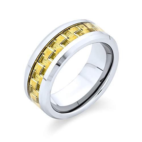 Bling Jewelry Geometrisches Muster Goldene Kohlefaser Inlay Paare Titan Ehering Ringe für Männer Für Frauen Silberton 8MM von Bling Jewelry