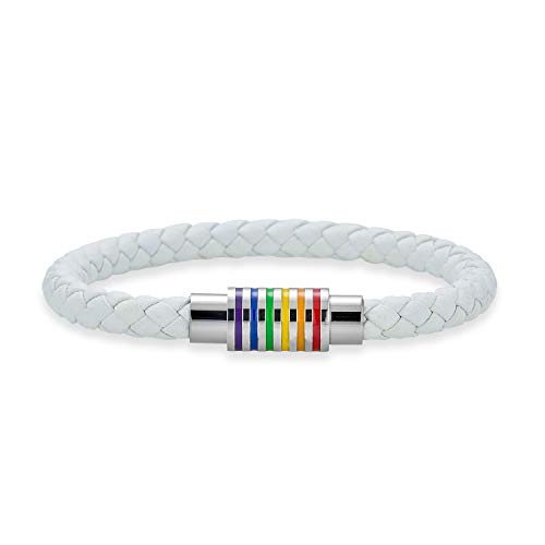 Bling Jewelry Gestreifte Regenbogenflagge Weißes Geflochtenes Pu-Leder Lgbtq-Armband Geflochtener Armreif Armband Für Männer Für Frauen Rostfreier Magnetverschluss 7 Zoll von Bling Jewelry