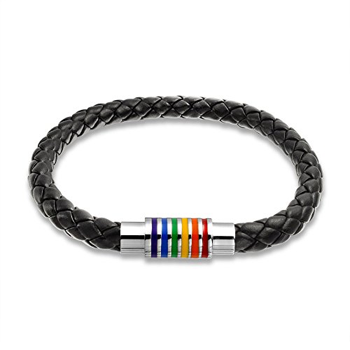 Bling Jewelry Gestreifte Regenbogenflagge Schwarzes Geflochtenes Pu-Leder Lgbtq-Armband Geflochtener Armreif Armband Für Männer Für Frauen Rostfreier Magnetverschluss 8 Zoll von Bling Jewelry