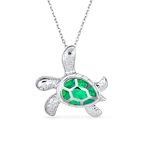 Bling Jewelry Große nautische tropische Strandurlaub irisierende grüne kreierte Opal-Intarsie Meeresschildkröte Anhänger Halskette für Frauen Teenager .925 Sterlingsilber von Bling Jewelry