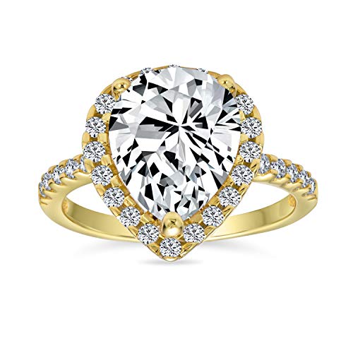 Bling Jewelry Großer 7Ct AAA CZ Halo Birnenförmiger Statement Solitaire Tränenform Verlobungsring Für Frauen. 925Er Sterlingsilber Mit 14 Karat Vergoldeter Dünner Band Mit Pavé Besatz Aus Zirkonia. von Bling Jewelry