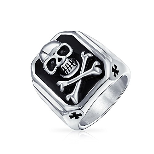 Bling Jewelry Großer Schwarzer Emaille Karibik Piratenschädel & Kreuzknochen Rechteck Signet Ring Für Männer Jugendliche Silberfarbener Edelstahl von Bling Jewelry