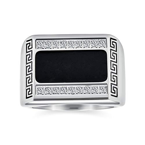 Bling Jewelry Personalisieren Sie Den Geometrischen Pave CZ Akzent Mit Kubikzirkonia Herren Rechteck Signet Statement Greek Key Design Bandring Für Männer Mit Schwarzem Emaille Edelstahl von Bling Jewelry