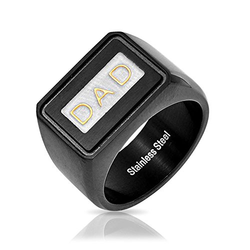 Bling Jewelry Herren Wort Band Großer Quadratischer Siegelring Dad Für Vatertagsgeschenk Für Männer Dreifarbiger Gold Oxidiert Schwarz Silber Ton Edelstahl von Bling Jewelry