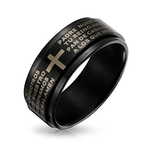 Bling Jewelry Personalisierter Unisex Religiöser Padre Nuestro Lords Pray Kreuz Fidget Spinner Ringband Für Männer Frauen Und Jugendliche Aus Schwarzem Edelstahl von Bling Jewelry