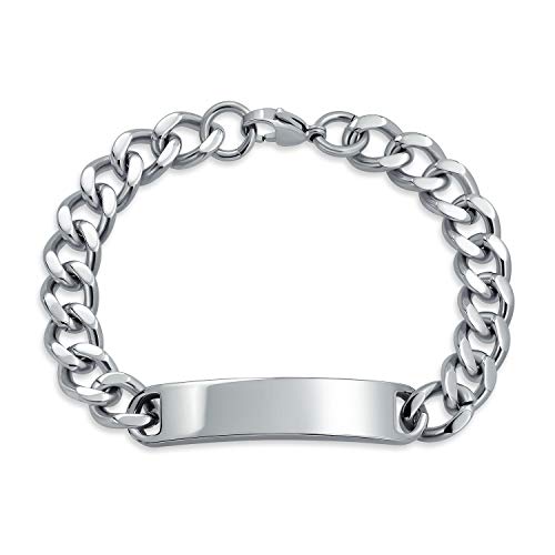 Bling Jewelry Identifikationsname Plattierte Curb Cuban Link Kette ID Armband für Herren Personalisierter Name Graviert Silberton Edelstahl 7,5 Zoll von Bling Jewelry