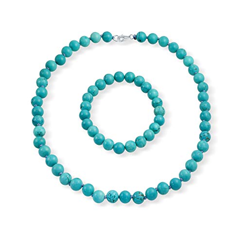 Bling Jewelry Klassische Elegante Simulierten Blauen Türkis Farbe 7Mm Kugel Perlen Strang Halskette Stretch Armband Set Western-Schmuck Für Frauen .Silber Plattiert Clasp von Bling Jewelry