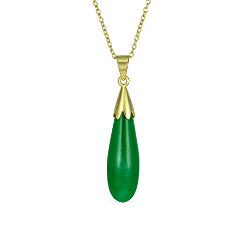 Bling Jewelry Klassische Simplistic Semi Precious Green Edelstein Jade Längliche Teardrop Shaped Dangle Anhänger Halskette Western Schmuck Für Frauen 14K Gold Plated .925 Sterling Silber von Bling Jewelry