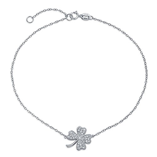Bling Jewelry Kubikzirkonia CZ Vierblättriges Kleeblatt Shamrock Blumen Fußkettchen Glücksbringer Fußkettchen Knöchelarmband Für Frauen .925 Sterling Silber Verstellbar 9 10 Zoll von Bling Jewelry