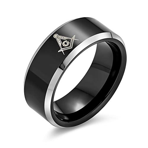 Bling Jewelry Lasergravierter Winkel & Zirkel Freimaurer Masonic Schwarzer Titanring für Herren Komfort Fit 8MM von Bling Jewelry