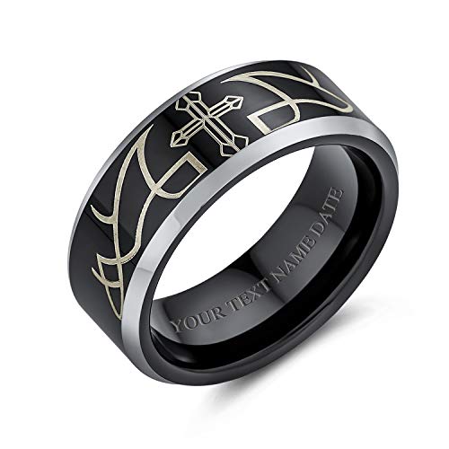 Bling Jewelry Lasergravierter Katholischer Religiöser Schwarzer Christus-Dorn-Kreuz-Titanring Für Männer Mit Komfortpassung 8Mm Mit Individueller Gravur von Bling Jewelry