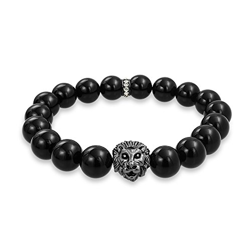 Bling Jewelry Unisex Dschungel Tier Gunmetal Black Onyx Runde Perlenstrang Stretch Löwenkopf Armband Für Frauen Männer Vergoldetes Messing Stapelbares Verstellbares von Bling Jewelry