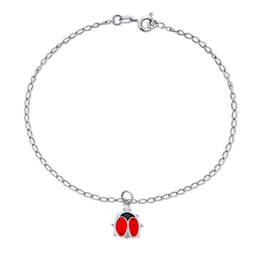 Bling Jewelry Lucky Red Ladybug Garten Baumelnd Charme Fußkettchen Link Knöchel Armband Für Frauen Teens .925 Sterling Silber 9,75 Zoll von Bling Jewelry