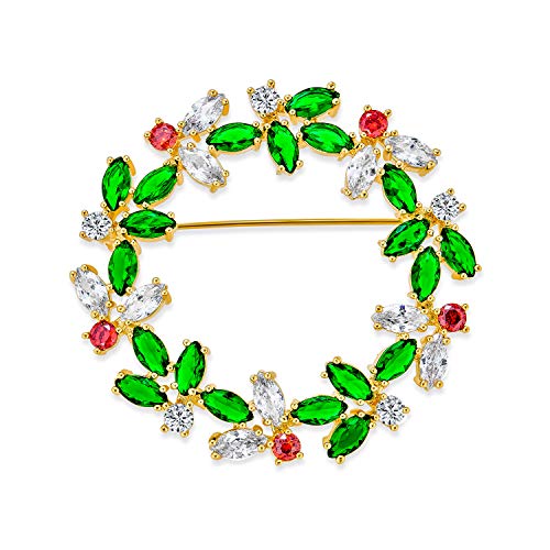 Bunte Marquise Cubic Zirconia CZ Grün Rot Weiß Runde Mode Weihnachten Ferien Kranz Brosche Pin Für Frauen 14K Vergoldet von Bling Jewelry