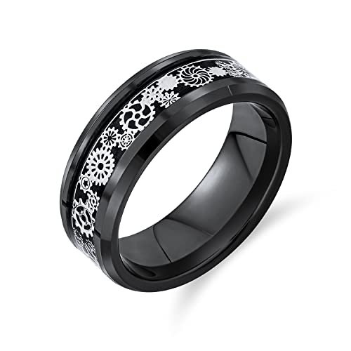 Bling Jewelry Mechanic Car Racer Ring Punk Rock Motorrad Bikerin Schmuck Silber Schwarz Titan Ringe Für Männer Trauringe Steampunk Zahnrad Carbon Fiber Inlay Abgeschrägte Kanten Kompfort Fit 8Mm von Bling Jewelry