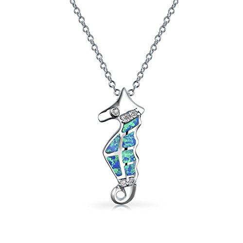 Bling Jewelry Meer Tier Nautische Strand Urlaub Inlay Erstellt Blau Opal Seepferdchen Anhänger Halskette Für Frauen Jugendliche .925 Sterlingsilber von Bling Jewelry